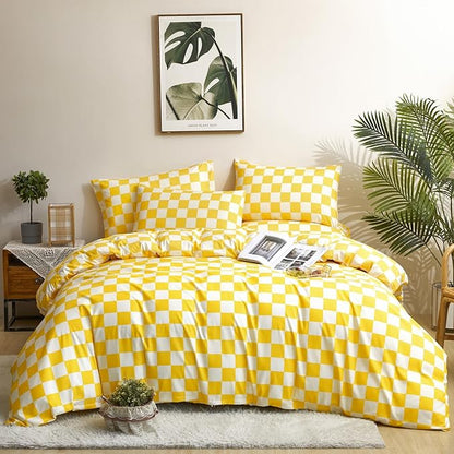 Yellow White Grid Comforter Set Full Yellow Plaid Bedding Set Girls Yellow and White Checkered Bed Comforter Set Breathable Blanket Set Kids Durable Bedding Comforter Set