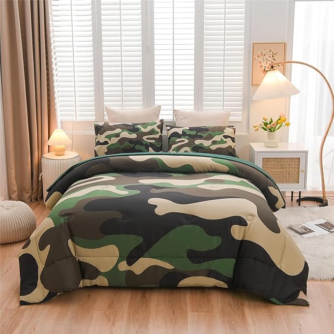 Meeting Story Camouflage Bedding Set, Colorful Pattern Style Comforter Set, 5 PCS One Comforter Two Pillowcases Two Sheets in One Bag, All Season Bedspread for Teens Adults (Green, Queen 5Pcs)