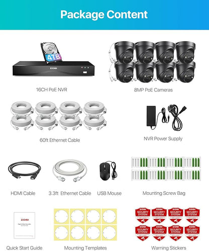 ZOSI 16CH 4K PoE Security Camera System with 4TB HDD,8pcs 8MP 4K PoE Cameras Outdoor Indoor,Person Vehicle Detection,Two-Way Talk,Spotlight Siren Alarm,Color Night Vision,8MP NVR for 24/7 Recording