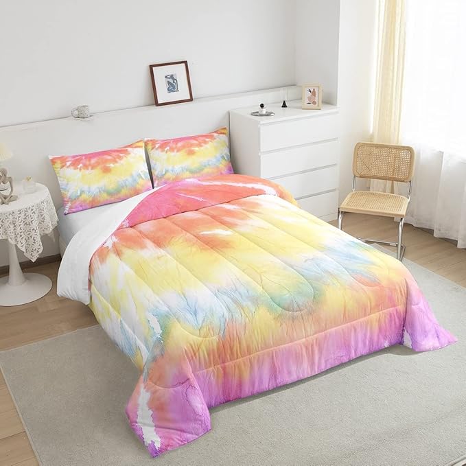 Boho Comforter Set Spiral Tye Dye Pattern 3pc Down Comforter King Size Rainbow Bedding Sets with 2 Pillowcases Soft Comfortable Machine Washable,Trippy Psychedelic Gypsy Duvet Quilt Set for Teen Girl