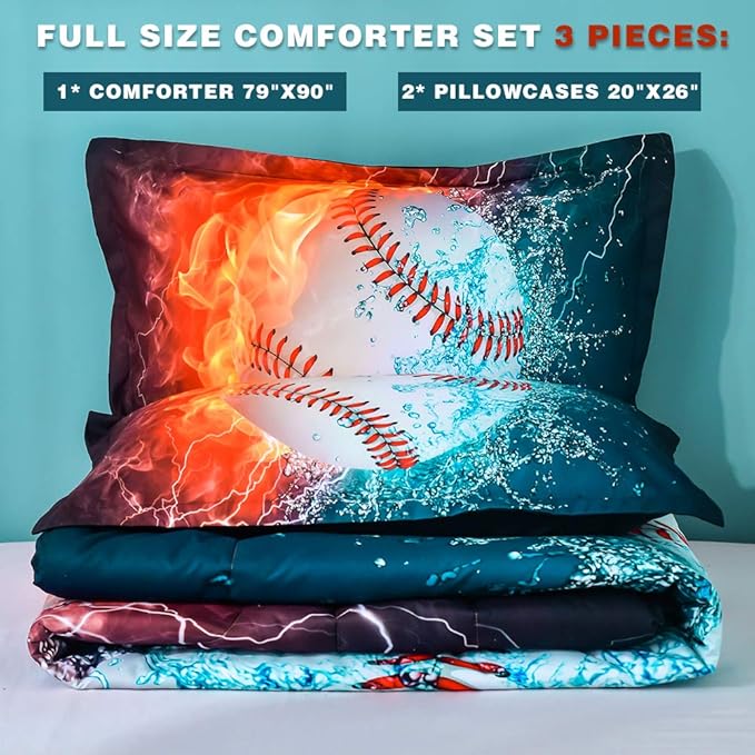 Andency Baseball Comforter Full (79x90 Inch), 3 Pieces(1 Baseball Comforter, 2 Pillowcases) 3D Microfiber Sport Baseball Comforter Set for Boy Kids Teens