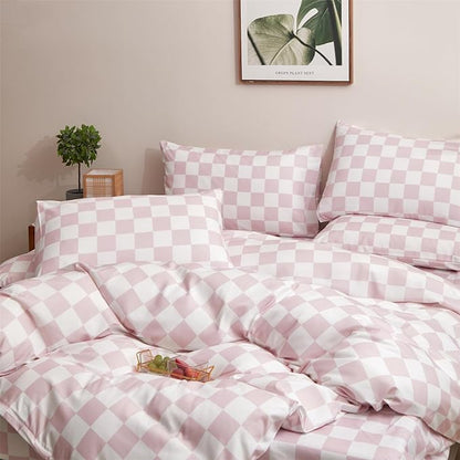 Wellboo Pink White Plaid Comforter Sets California King Women Men Bean Pink and White Checkerboard Grid Bedding Comforters Cal King Cotton Boys Girls Modern Dusty Pink Checkered Geometric Quilts