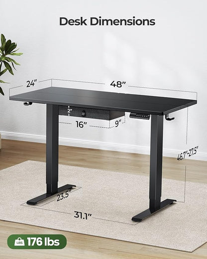Marsail Electric Adjustable Standing Desk, 48x24 Inch, Sit-Stand Home Office Desk with Drawer, Black