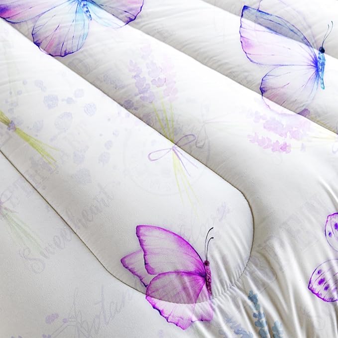 Purple Butterfly Comforter Set Twin Size for Girls Kids Adults Lavender Flowers Pattern Bedding Set Aesthetics Butterflies Quilt Bed Set with 1 Comforter and 2 Pillowcases