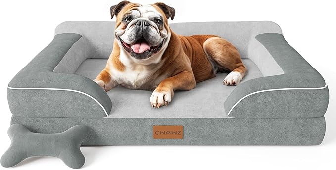 Dog Beds for Large Dogs, Orthopedic Dog Bed with Cooling Gel Memory Foam, Waterproof Large Dog Bed with Removable Washable Cover, 36" Dog Sofa Couch Dutch Velvet with Bone Toy, Light Gray
