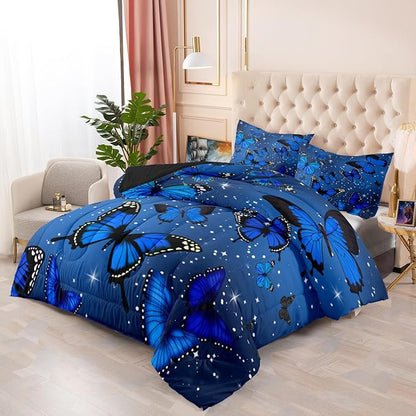 Blue Butterfly Comforter, Butterfly Bedding Set for Girls, Blue Butterflies with Sparkle Stars Prints Comforter Set for Women Girls Butterfly Bedding Full Size Quilt Set, 1 Comforter + 2 Pillowcases