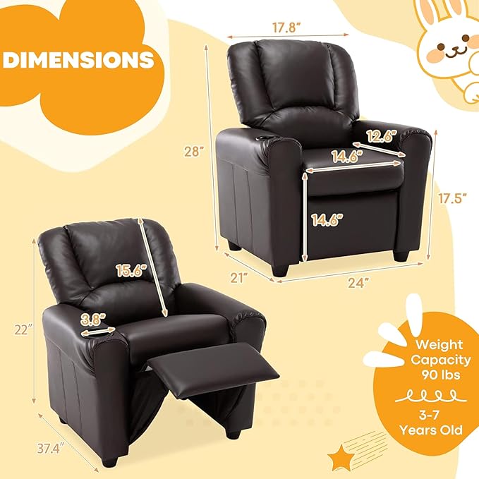 JC HOME CANDY Kids Chair Leather Recliner Sofa Toddler Youth Children Child Ages 3-7, Brown