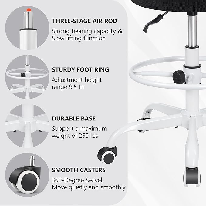 Primy Office Drafting Chair Armless, Tall Office Desk Chair Adjustable Height and Footring, Mid-back Ergonomic Standing Desk Chair Mesh Rolling Tall Chair for Art Room, Office or Home(White)