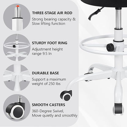 Primy Office Drafting Chair Armless, Tall Office Desk Chair Adjustable Height and Footring, Mid-back Ergonomic Standing Desk Chair Mesh Rolling Tall Chair for Art Room, Office or Home(White)