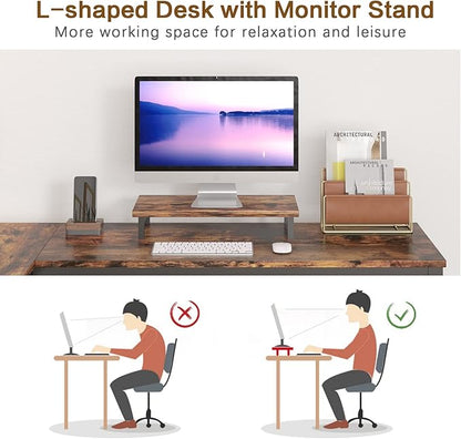 Computer Desk, L Shaped Desk with Large Desktop, Corner Desk with Monitor Stand PC Laptop Table Computer Workstation for Home Office (Rustic Brown)