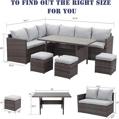 7-Pieces Furniture, PE Wicker Rattan Sets with Dining Ottomans, Patio Table and Chairs, Outdoor Sectional Sofa, Ec-Grey