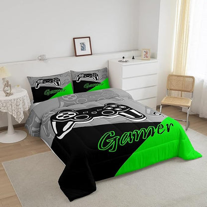 Feelyou Gamer Comforter Set Gaming Bedding Set for Teens Boys Video Game Decor Comforter Game Controller Quilted Duvet Set 1 Comforter with 2 Pillowcases King Green