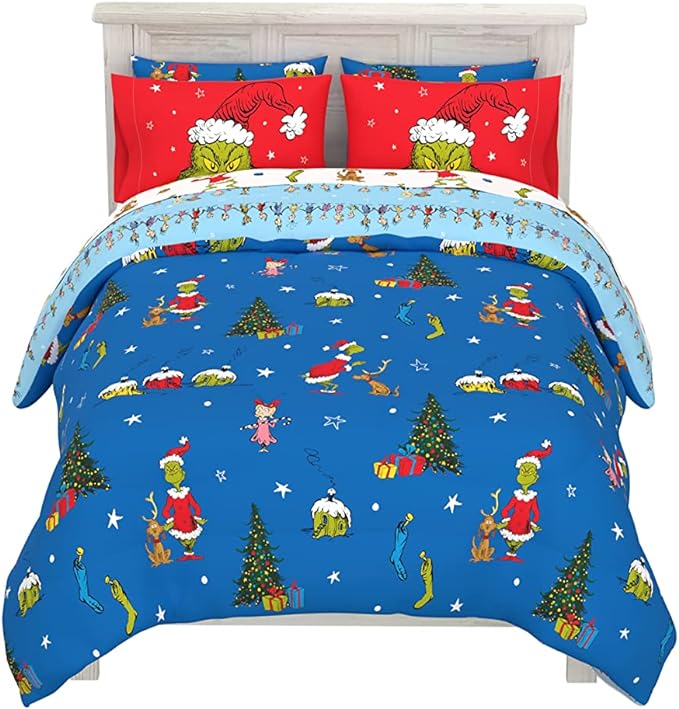 Franco Grinch by Dr. Seuss Holiday & Christmas Bedding Super Soft Comforter and Sheet Set with Sham, 7 Piece Full Size (Official Dr. Seuss product)