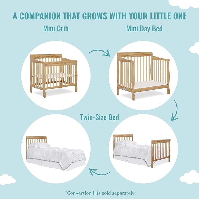 Aden 4-in-1 Convertible Mini Crib In Natural, Greenguard Gold Certified, Non-Toxic Finish, New Zealand Pinewood, With 3 Mattress Height Settings