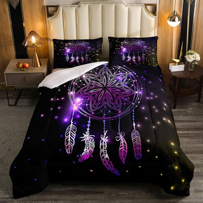 Erosebridal Dream Catcher Feather Comforter Set, Bohemian Mandala Down Comforter Queen Size for Kids Girls Boys, Starry Sky Galaxy Bedding Set Boho Tie Dye Exotic Flower Quilted Duvet, Purple