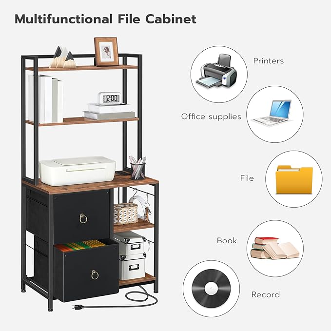 HOOBRO File Cabinet, Filing Cabinet with Charging Station, office cabinet with Bookshelf and Open Storage Shelf, for Home Office, A4/Letter Size, Nonwovens Drawer, Black and Rustic Brown BFK70UWJ01