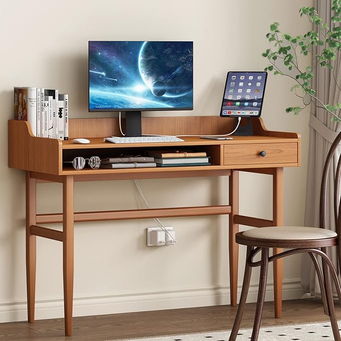 Vintage-style Desk with Scandinavian Flair, Computer or Laptop Desk, Writing Desk with Drawer and Open Storage Cubby, Small Space Dressing Table.