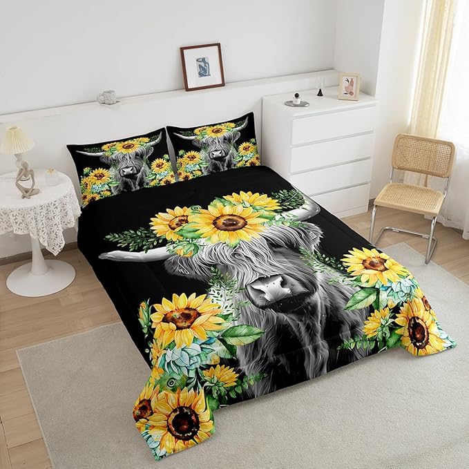 Highland Cow Bedding Set Kids Sunflower Floral Western Cow Bull Comforter Set for Girls Teens Farmhouse Wildlife Animal Comforter Black Duvet Set Room Decor Quilt Set Twin Size
