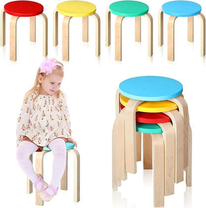 4 Pcs 12 Inch Bentwood Stacking Stool for Kids Colored Durable Round Nesting Stool Flexible Wood Stackable Stool Chairs for Playroom Daycare Home Classroom (Bright Color)