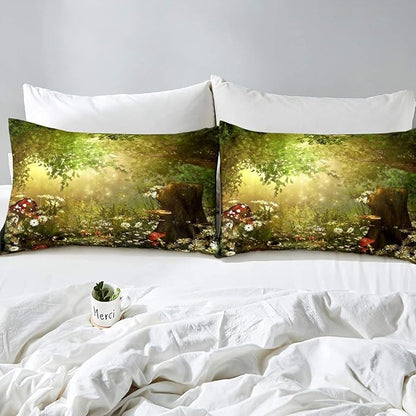 Erosebridal Magical Comforter Set King Size Mushroom Bedding Set Daisy Leaves Branches Sunset Nature Duvet Set Cute Style Quilted Duvet Home Room Decorative
