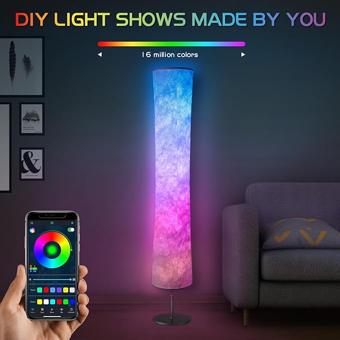 Torchlet 2pcs Floor Lamp, RGB Floor Lamp with 16 Million DIY Colors and Scene Modes, Music Sync and White Fabric Shade, Smart Floor lamp with App/Remote control, Standing Lamp for Living Room, Bedroom