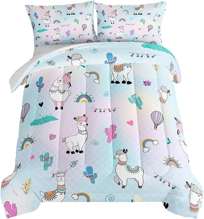HOSIMA 3 Piece Cartoon Animal Llama Comforter,Cute Alpaca Toddler Comforter,Desert Cactus Plant Full Size Bed in a Bag Set for Adults Kids,Fish Scales Comforter Rainbow Bedding Sets for Girls Boys.