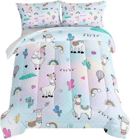 HOSIMA 3 Piece Cartoon Animal Llama Comforter,Cute Alpaca Toddler Comforter,Desert Cactus Plant Full Size Bed in a Bag Set for Adults Kids,Fish Scales Comforter Rainbow Bedding Sets for Girls Boys.