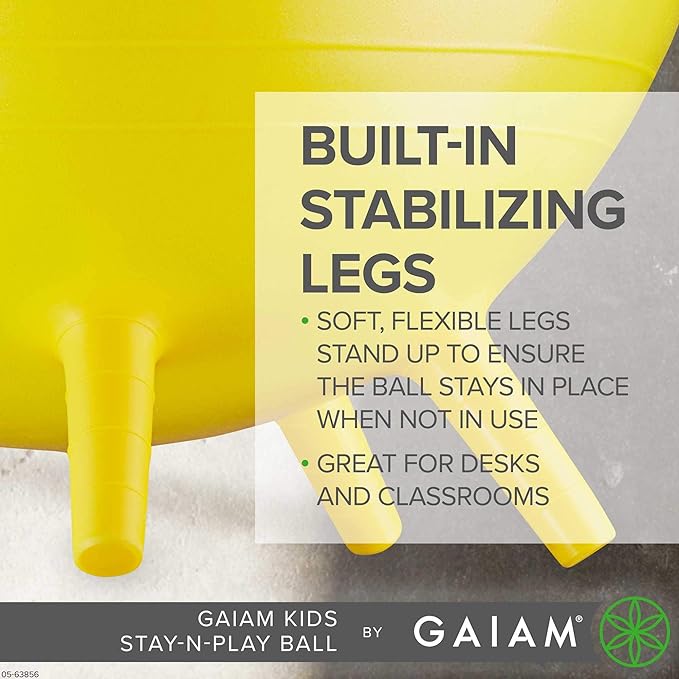 Gaiam Kids Stay-N-Play Children's Balance Ball, Flexible School Chair Active Classroom Desk Alternative Seating, Built-In Stay-Put Soft Stability Legs, Includes Air Pump, 45cm, Green Crazy Silly