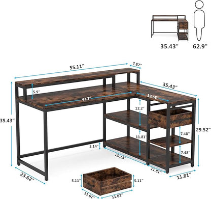 Reversible L-Shaped Computer Desk with hutch & Shelf,rustic