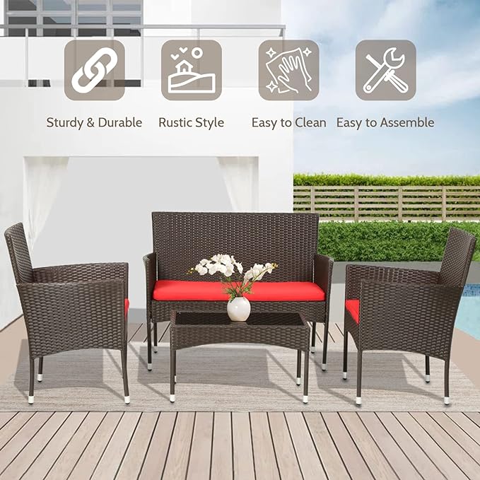 FDW 4 Pieces Wicker Patio Conversation Set Patio Furniture Set with Rattan Chair Loveseats Coffee Table for Outdoor Indoor Garden Backyard Porch Poolside Balcony,Brown Wicker/Red Cushions