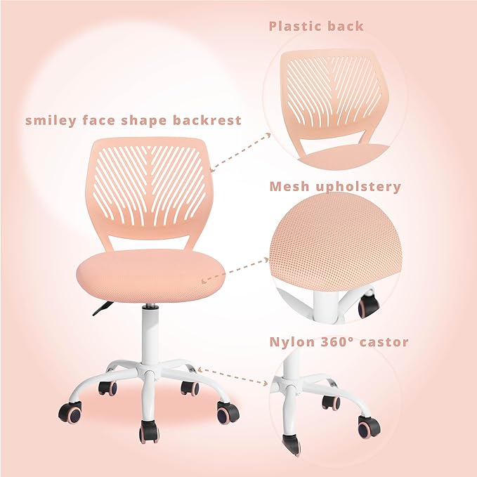 FurnitureR Teens Girls Task Chair 360 Swivel, Low Mid PP Mesh Back Fabric Seat, Height Adjustable, Rolling Castor, W15.7inces x D15.2inces x H29.5-34.2inches (Rose)