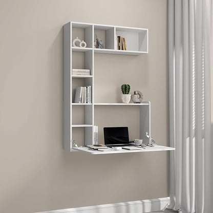 DMAITH Wall Mounted Desk, White Folding Desk for Small Spaces, Hidden Pull Down Floating Writing Desk with Storage Shelf for Home Office
