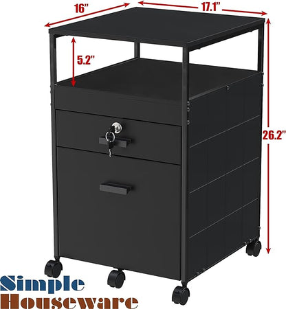 SHW Rolling File Cabinet w/ 2 Drawers & Open Shelf, Black
