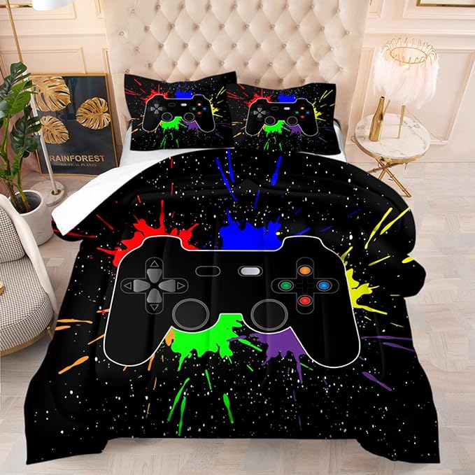 Game Console Comforter Set for Boys 3D Gaming Lightweight Microfiber Bedding Sets Black Gamer Printed Quilt Set Teens Room Decor