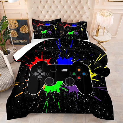 Game Console Comforter Set for Boys 3D Gaming Lightweight Microfiber Bedding Sets Black Gamer Printed Quilt Set Teens Room Decor