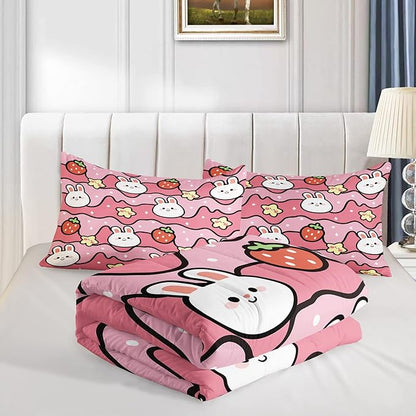 Kawaii Rabbit Comforter,Strawberry Rabbit Comforter Set for Kids Teens Girls,3Pcs Bedding Set Printed Comforter with 2 Pillowcases,Down Alternative,Soft and Lightweight(Pink，Full Size)
