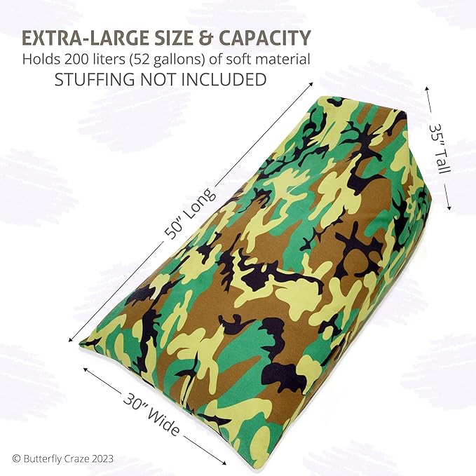 Butterfly Craze Bean Bag Chair Cover, Functional Toddler Toy Organizer, Fill with Stuffed Animals to Create a Jumbo, Comfy Floor Lounger for Boys or Girls, Stuffing Not Included, Camo