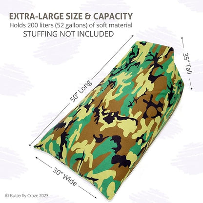Butterfly Craze Bean Bag Chair Cover, Functional Toddler Toy Organizer, Fill with Stuffed Animals to Create a Jumbo, Comfy Floor Lounger for Boys or Girls, Stuffing Not Included, Camo