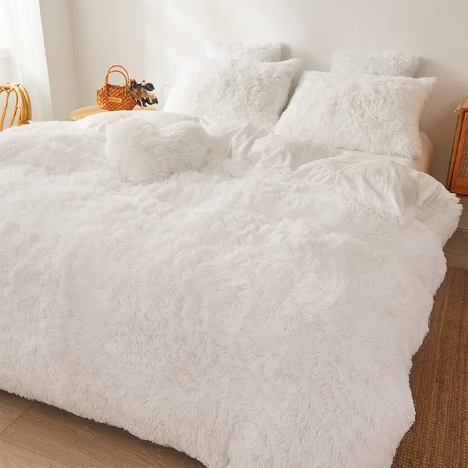 FOPPA Luxury Faux Fur Comforter Cover Set Ultra Soft Plush Bedding Sets 3 Pieces (1 Faux Fur Duvet Cover + 2 Faux Fur Pillow case) Zipper (White, Queen)