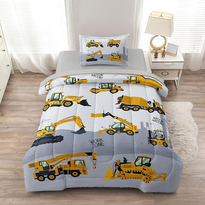 4-Pcs Construction Twin Size Boys Bedding Set, Kids Comforter Set for Teens with Sheets and Pillowcase, Soft Grey Tractor Cars Bed in a Bag Sets