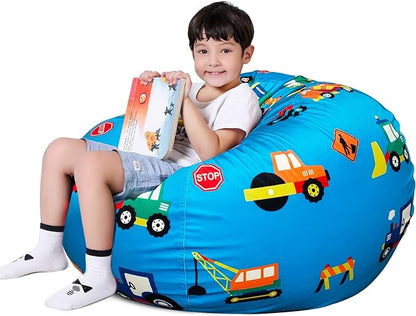 Lukeight Stuffed Animal Storage Bean Bag Chair Cover for Kids, Zipper Beanbag Chair Cover for Organizing Toddler & Kids' Rooms Plush Toys (Construction Velvet, Large)