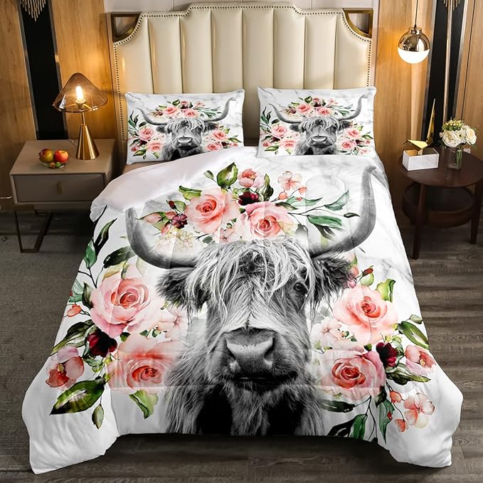 Erosebridal Highland Cow Flower Comforter Set King Size Bull Cattle Bedding Set Western Funny Animal Bedding Set Wildlife Farmhouse Cow Quilt Set Rose Grey Marble Comforter Set