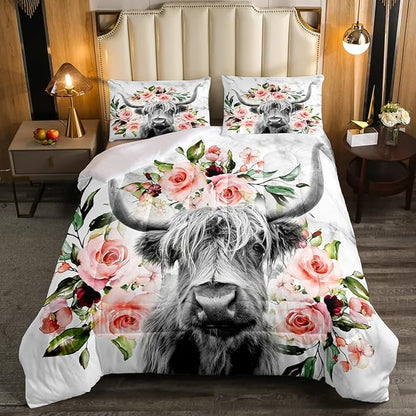 Erosebridal Highland Cow Flower Comforter Set King Size Bull Cattle Bedding Set Western Funny Animal Bedding Set Wildlife Farmhouse Cow Quilt Set Rose Grey Marble Comforter Set