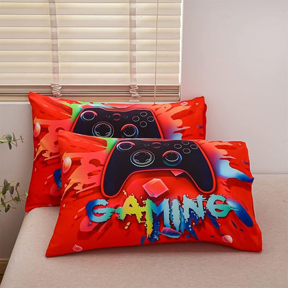 Aimuan Gaming Comforter Sets for Boys Kids Bedding Sets Video Games Console Action Buttons Novelty Colorful Game Gamepad Controller Modern Gamer Room Decor Home Quilt Set (Queen, Red)