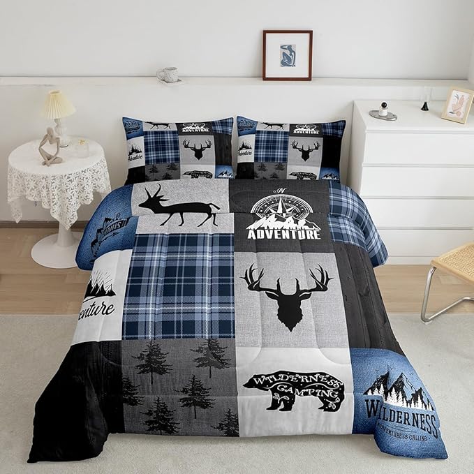 Deer Antler Bear Kids Comforter Set King Size,Hunting Adventure Bedding Set for Boys Girls Adults Room Decor,Geometric Plaids Patchwork Down Comforter,Rustic Farmhouse Duvet Insert,2 Pillowcases
