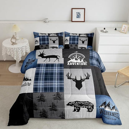 Deer Antler Bear Kids Comforter Set King Size,Hunting Adventure Bedding Set for Boys Girls Adults Room Decor,Geometric Plaids Patchwork Down Comforter,Rustic Farmhouse Duvet Insert,2 Pillowcases
