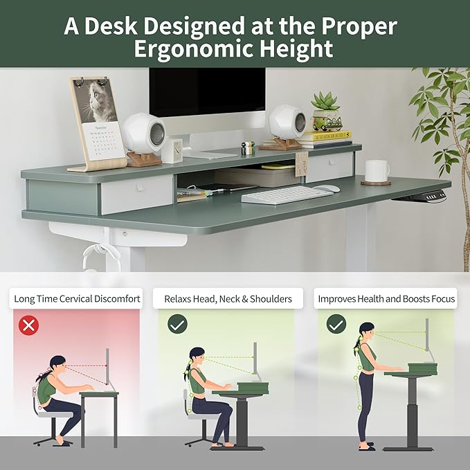 FEZIBO 40 x 24 Inch Height Adjustable Electric Standing Desk with Double Drawer, Stand Up Desk with Storage Shelf, Sit Stand Desk, Green