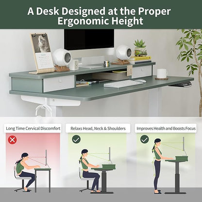 FEZIBO 40 x 24 Inch Height Adjustable Electric Standing Desk with Double Drawer, Stand Up Desk with Storage Shelf, Sit Stand Desk, Green