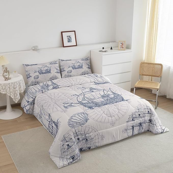 Nautical Comforter Set Sailboat Down Comforter Twin,Blue White Vintage Style Quilted Duvet Set Luxury Anchor Crab Pattern Bedding Insert Set for Kids, Adult Teen Boys Girls Bedroom Ocean Beach Decor