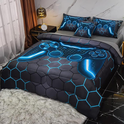 6Pcs Game Console Comforter Set with Sheets for Boys Girls Kids Teens, Geometric Gaming Themed Bed in A Bag Twin Size, Blue 3D Video Gamer Controller Bedroom Decor Bedding Set
